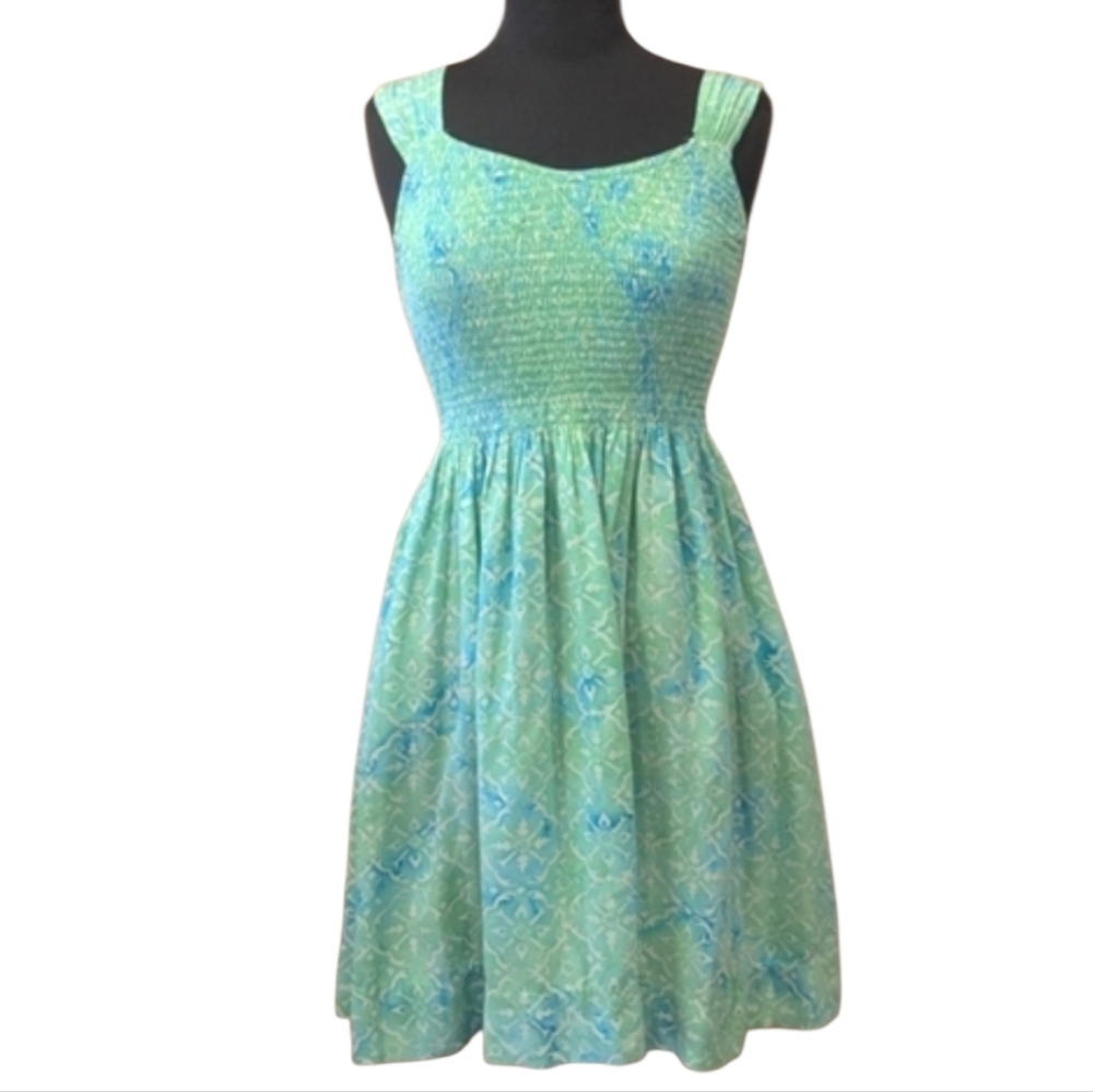 Lost River Medium Green and Blue Sleeveless Dress Midi Hippie Resortwear
